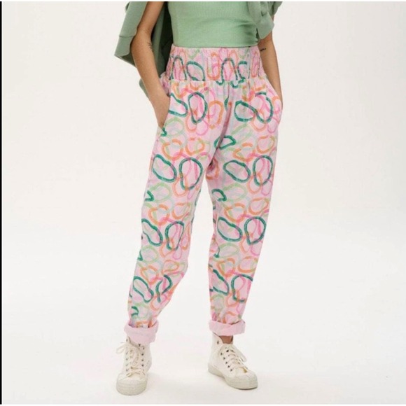 Lucy & Yak Pants - Lucy & Yak Alexa Trousers Pink Circle Abstract Organic Cotton Pants - XSmall